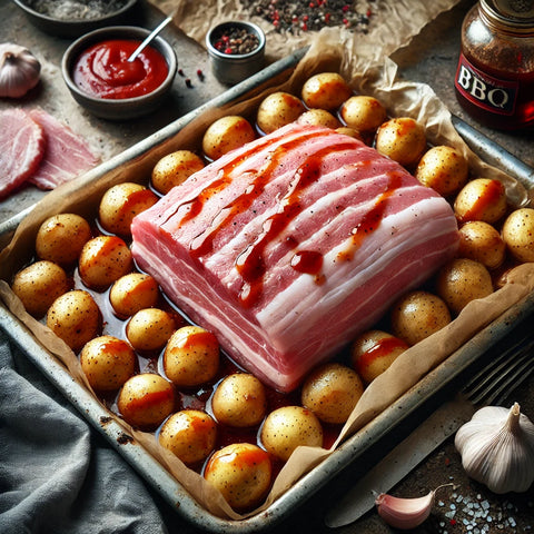 Pancetta avec pommes de terre grenaille et sauce barbecue prête à cuire 850 gr