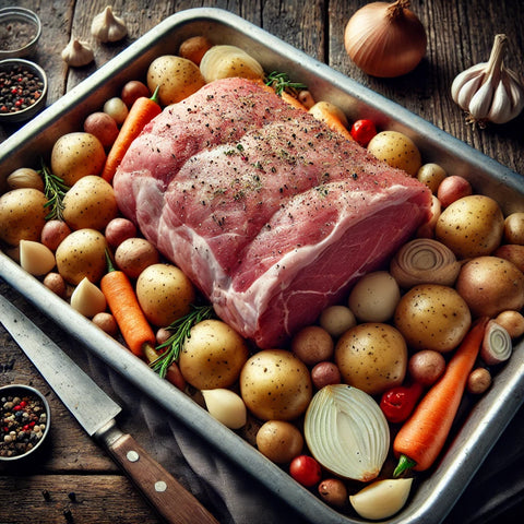 Cuisse de porc désossée prête au four avec frites