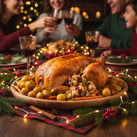 Γεμιστό κοτόπουλο με χριστουγεννιάτικη γέμιση & συνοδευτικά