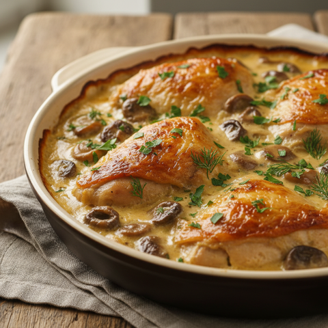 Κοτόπουλο με μανιτάρια και κρέμα γάλακτος στον φούρνο