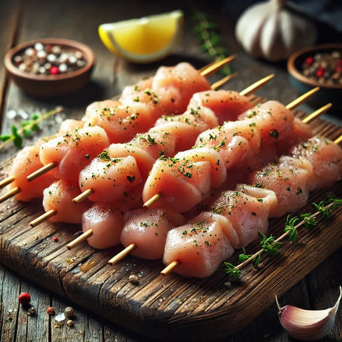 
Μίνι σουβλάκια από 100% στήθος κοτόπουλου σε καλαμάκι, ωμά, έτοιμα για ψήσιμο.
