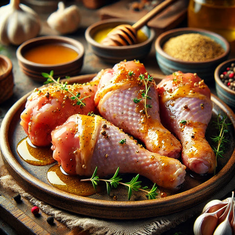 
Ωμά κοπανάκια κοτόπουλου μαριναρισμένα με μέλι &amp; μουστάρδα, έτοιμα για ψήσιμο