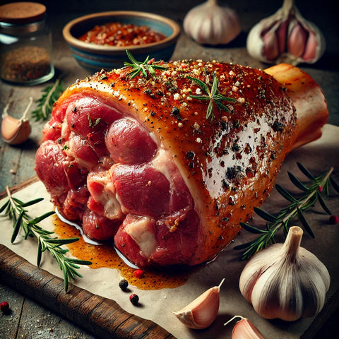 
Κότσι χοιρινό μαριναρισμένο σε γάστρα, με σάλτσα κρασιού-μελιού-μουστάρδας και τραγανή πέτσα μετά από γκριλ.
