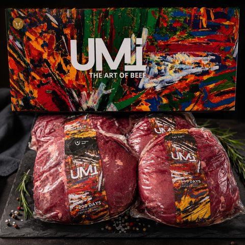 Rum Beef UMI Black Angus Uruguay, premium Angus grain fed 200+ ημερών με φυσική μαρμάρωση και πλούσια γεύση, ιδανικό για grill και BBQ.