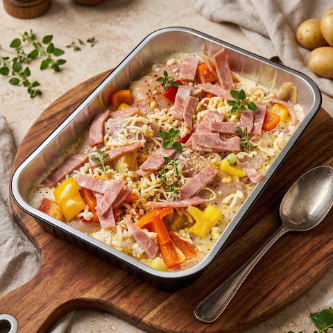 Οι πιπεριές και το θυμάρι προσθέτουν φρέσκο άρωμα και ισορροπία στη γεύση, ενώ η κρέμα και το τυρί δίνουν πλούσιο χαρακτήρα στο αποτέλεσμα. Είναι μια ιδανική επιλογή για ένα χορταστικό και γευστικό γεύμα που ψήνεται εύκολα στον φούρνο.