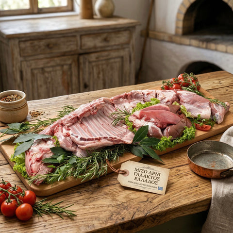 Μισό αρνί γάλακτος Ελλάδος, τρυφερό και φίνο, ιδανικό για φούρνο, σούβλα ή κατσαρόλα. Παραδοσιακή ελληνική επιλογή για γιορτινό τραπέζι. Προϊόν ωμό — απαιτείται πλήρες ψήσιμο πριν την κατανάλωση.
