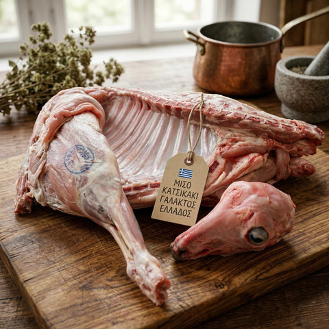 Μισό κατσίκι γάλακτος Ελλάδος, τρυφερό και αρωματικό, ιδανικό για φούρνο, κατσαρόλα ή σούβλα. Παραδοσιακή ελληνική επιλογή για γιορτινό τραπέζι. Προϊόν ωμό — απαιτείται πλήρες ψήσιμο πριν την κατανάλωση.