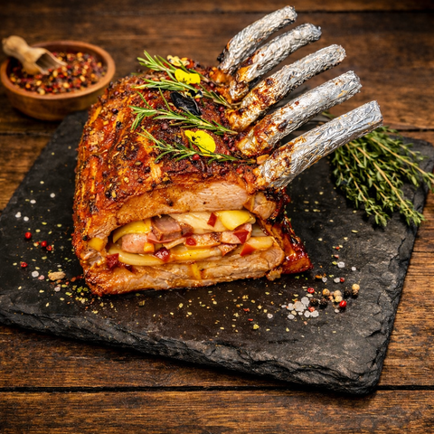 Χοιρινή μπριζόλα γαλλικής κοπής γεμιστή με γραβιέρα, ζαμπόν, πιπεριές και μπαχαρικά. Έτοιμη για ψήσιμο στον φούρνο στους 180°C για 30–40 λεπτά. Προϊόν ωμό — απαιτείται πλήρες ψήσιμο πριν την κατανάλωση.