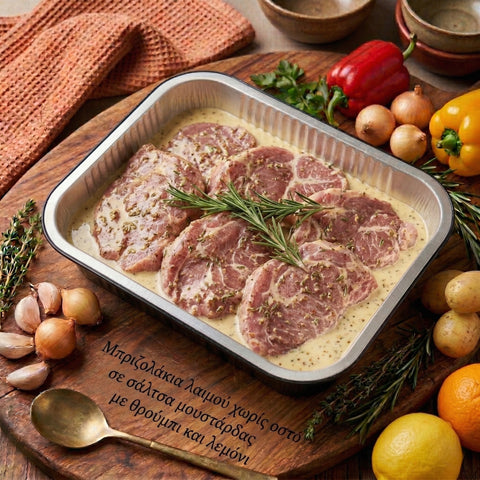 Μπριζολάκια λαιμού χωρίς οστό σε σάλτσα μουστάρδας με θρούμπι και λεμόνι