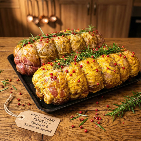 Το Ρολό Αρνίσιο Γεμιστό με Γραβιέρα, Καπνιστό Χοιρινό, Πιπεριές &amp; Μπαχαρικά είναι μια πλούσια και ιδιαίτερα αρωματική επιλογή που συνδυάζει την αυθεντική γεύση του αρνίσιου κρέατος με μια γεμάτη και ισορροπημένη γέμιση. Το τρυφερό αρνίσιο κρέας τυλίγεται σε ρολό και γεμίζεται με παραδοσιακή γραβιέρα, καπνιστό χοιρινό και πιπεριές, δημιουργώντας ένα πιάτο γεμάτο ένταση και αρώματα.