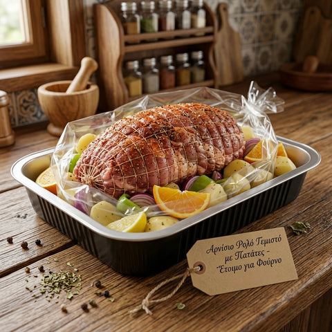 Ρολό Αρνίσιο Γεμιστό με Πατάτες – έτοιμο για ψήσιμο με μπέικον, τυρί, πιπεριές &amp; χυμό πορτοκαλιού. Ελληνικής παραγωγής, premium ποιότητα από Siakos.gr.