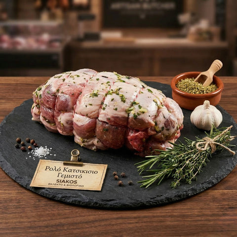 Ρολό κατσικίσιο γεμιστό με αρωματικά υλικά, ιδανικό για ψήσιμο στον φούρνο και οικογενειακά τραπέζια.