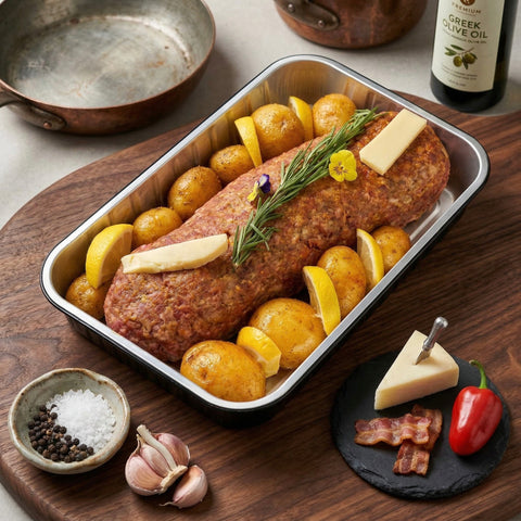 Απόλαυσε το Ρολό Κιμά Μοσχαρίσιο με Γραβιέρα, Μπέικον, Πιπεριά και Πατατούλες, ένα πλήρες έτοιμο γεύμα που συνδυάζει παραδοσιακή ελληνική γεύση με σύγχρονη ευκολία.
Φτιαγμένο από φρέσκο μοσχαρίσιο κιμά Ελλάδος, γεμισμένο με λιωμένη γραβιέρα, τραγανό μπέικον και πιπεριές Φλωρίνης, τοποθετημένο σε δισκάκι φούρνου με πατάτες, έτοιμο να μπει κατευθείαν στο φούρνο για ένα ζουμερό, χορταστικό και πεντανόστιμο αποτέλεσμα!